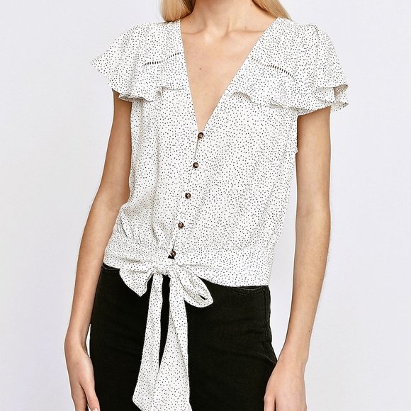 *NEW WITH TAGS* Polka Dot Flutter Sleeve Tie-Front Blouse by Express - Size XS - Picture 1 of 16